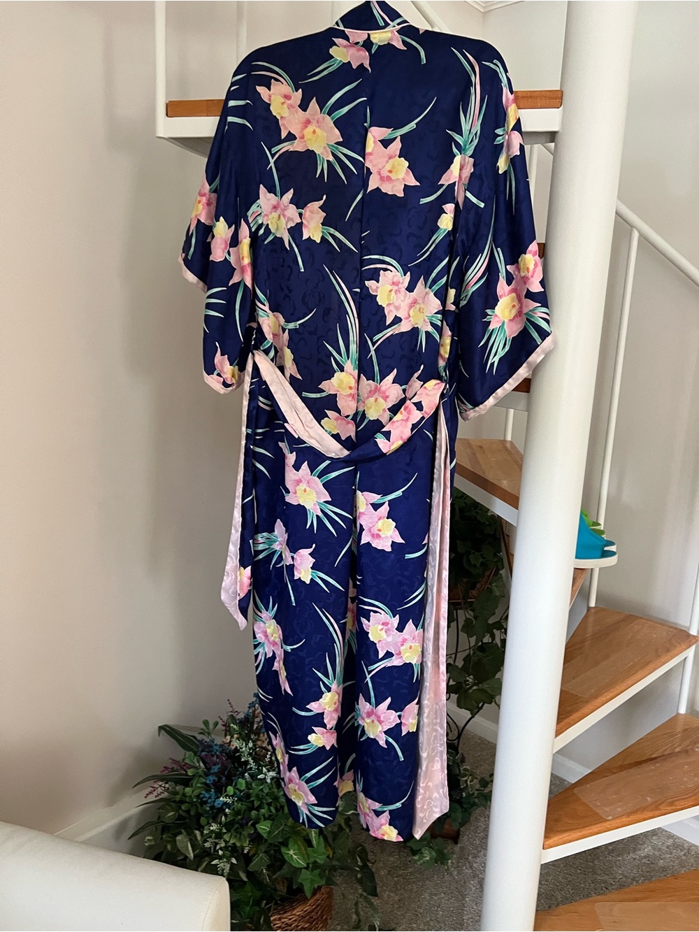 Dior Vintage 60s  Navy Floral Kimono Robe with Pink and Green Accents beautiful!